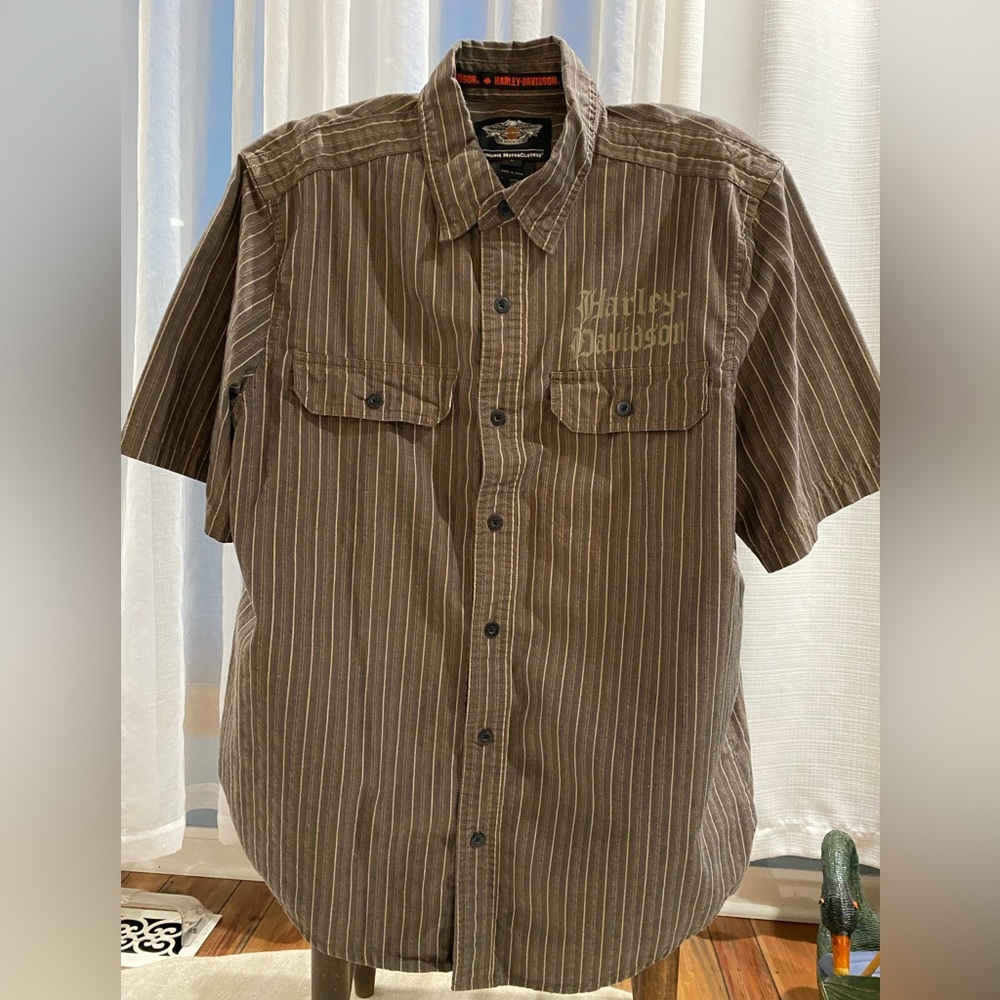 Harley-Davidson Short Sleeve Button Up Shirt Size Large Gray Striped